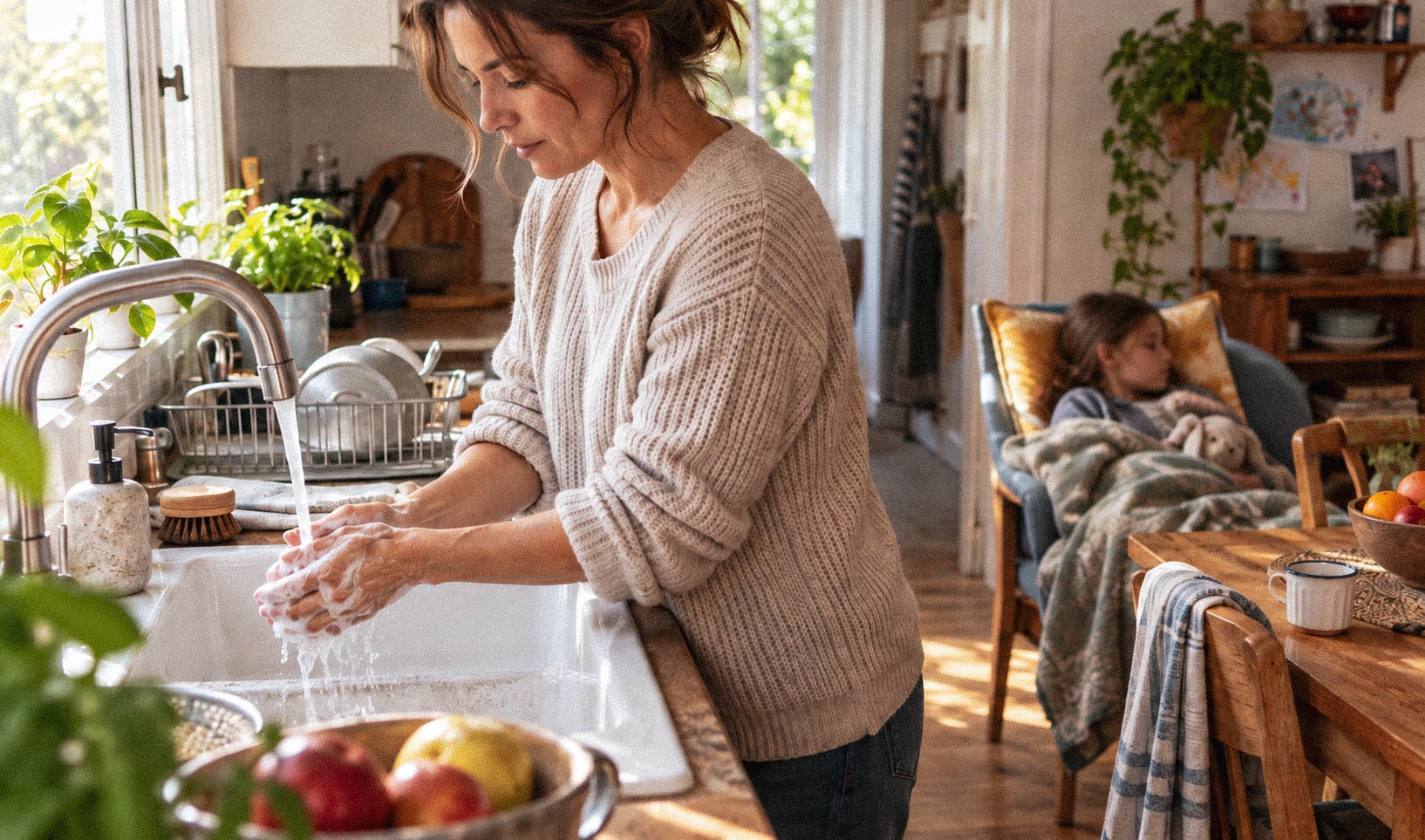 Parent se lavant soigneusement les mains dans une cuisine familiale pendant qu’un enfant fatigué se repose en arrière-plan.
