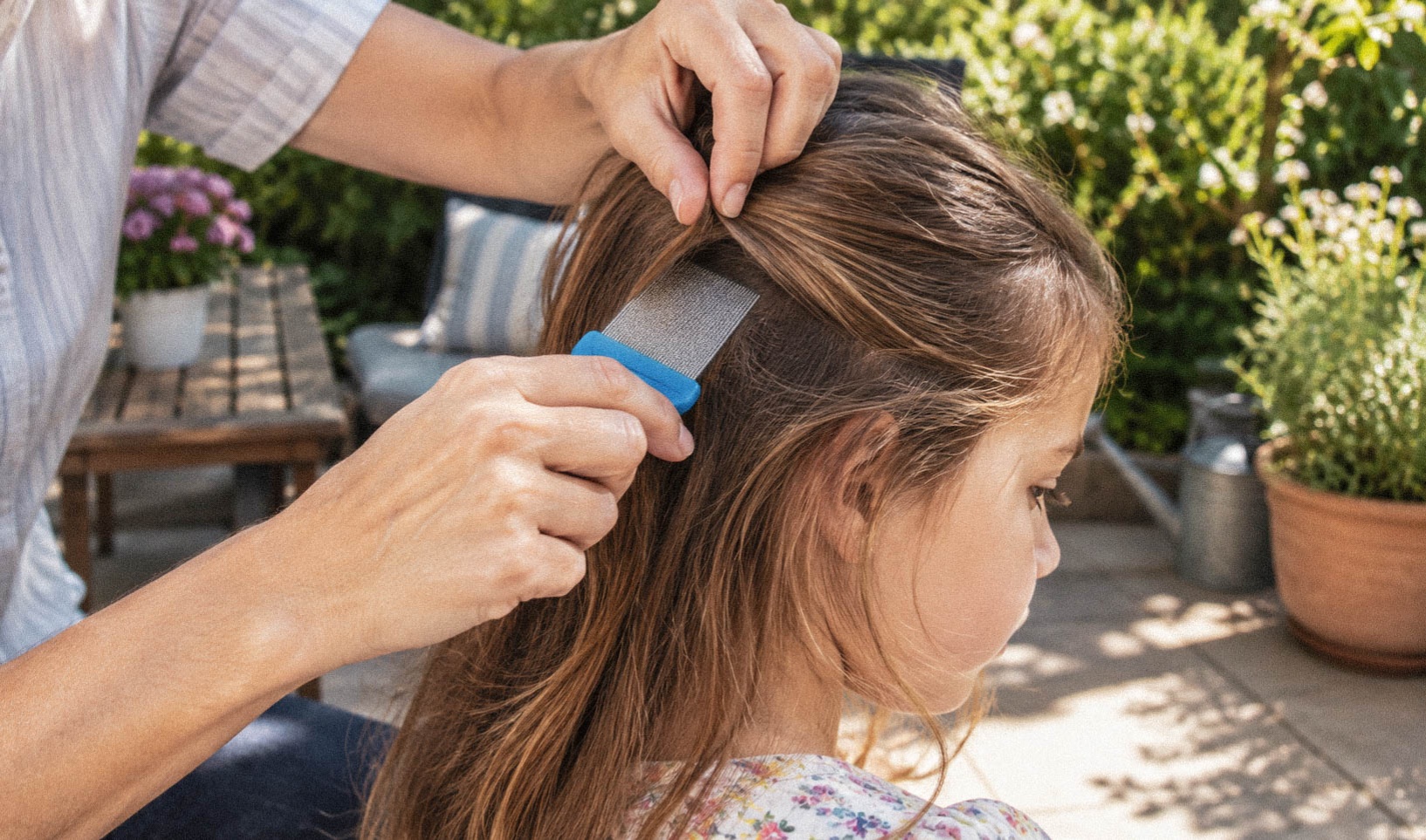 Parent vérifiant les cheveux d’un enfant derrière l’oreille à la lumière du jour.